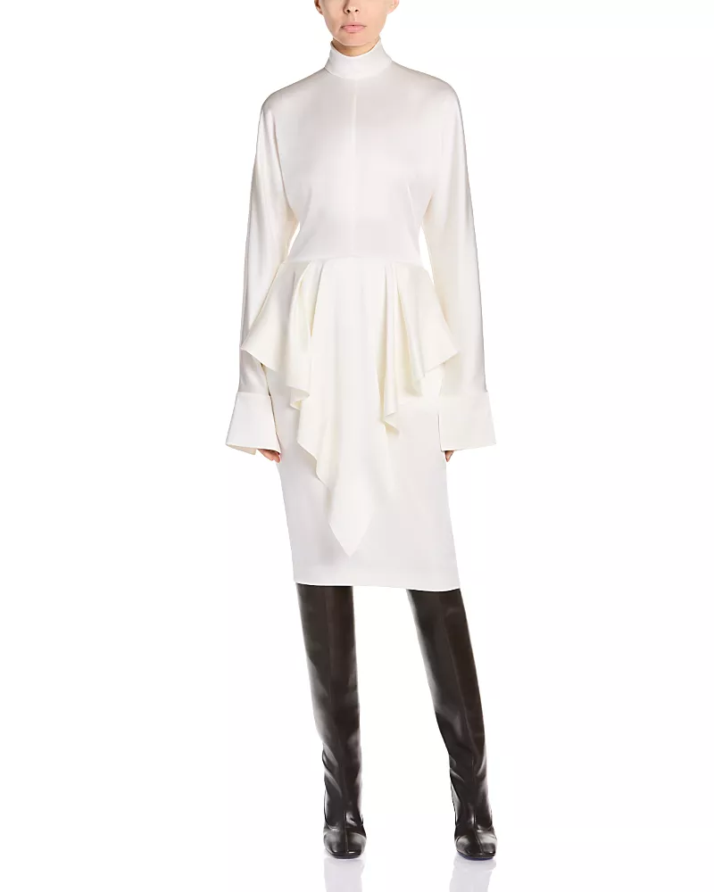 Stella McCartney High Neck Ruffle Drape Satin Midi Dress