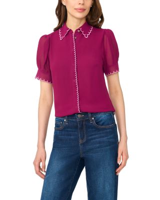 Scallop Contrast Trim Button Blouse