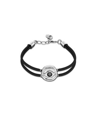  Black Double Leather Bracelet with Silver-Plated Eye Detail and Crystal