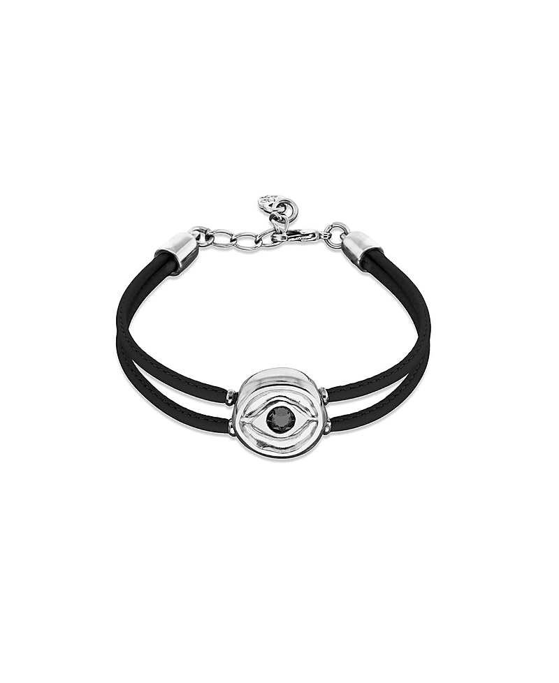 Unode50 Black Double Leather Bracelet with Silver-Plated Eye Detail and Crystal · M