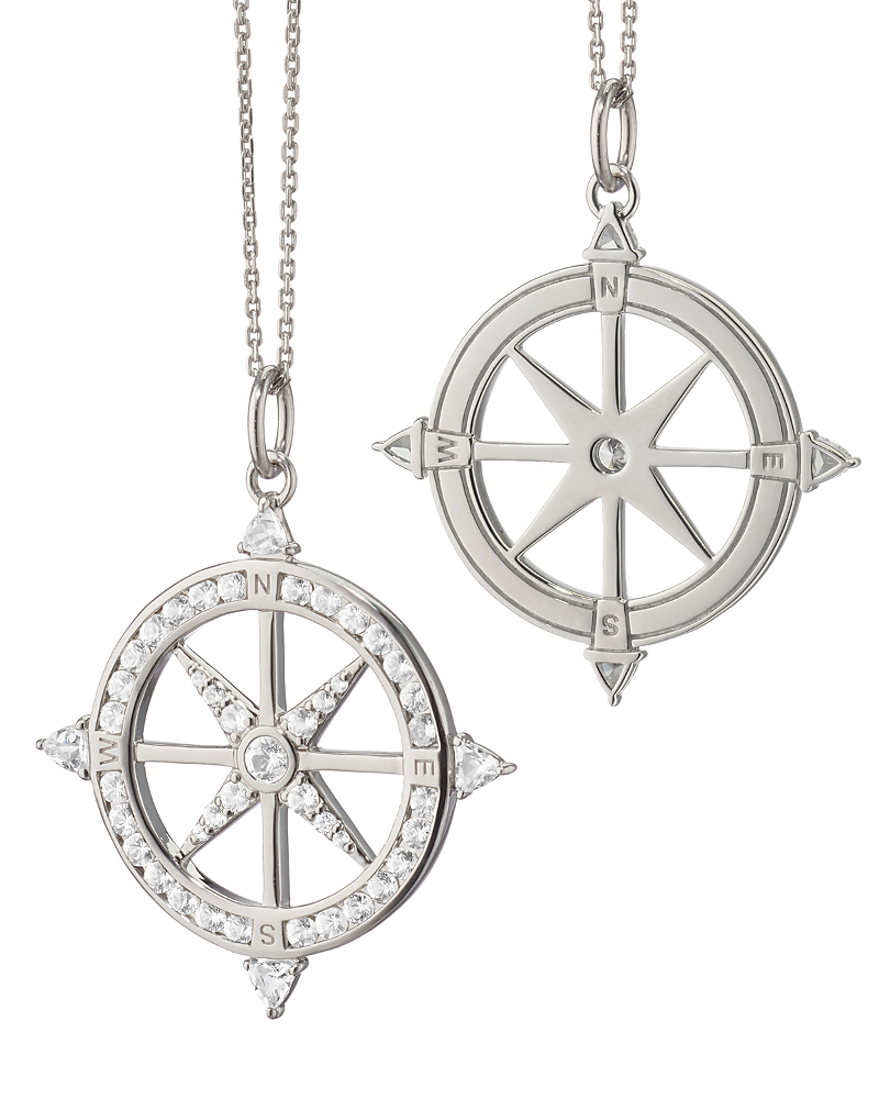 Monica Rich Kosann Sterling Silver White Sapphire & Rock Crystal Global Compass Adventure Charm Necklace, 18 · OS