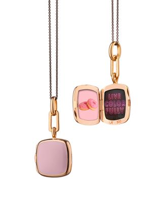 18K Rose Gold Vermeil over Sterling Silver & Black Steel Locket x Color Pink Enamel Cushion Pendant Necklace, 16-17"