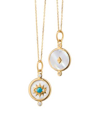 18K Yellow Gold Diamond & Turquoise Mini Evil Eye Charm Necklace, 17"