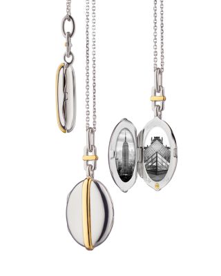 18K Yellow Gold & Sterling Silver Slim Lockets Two Tone Oval Pendant Necklace, 16-18"