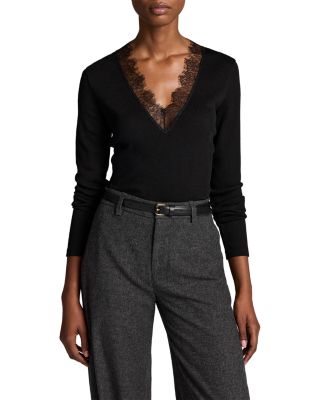 Vince Lace Trim Long Sleeve V Neck Top