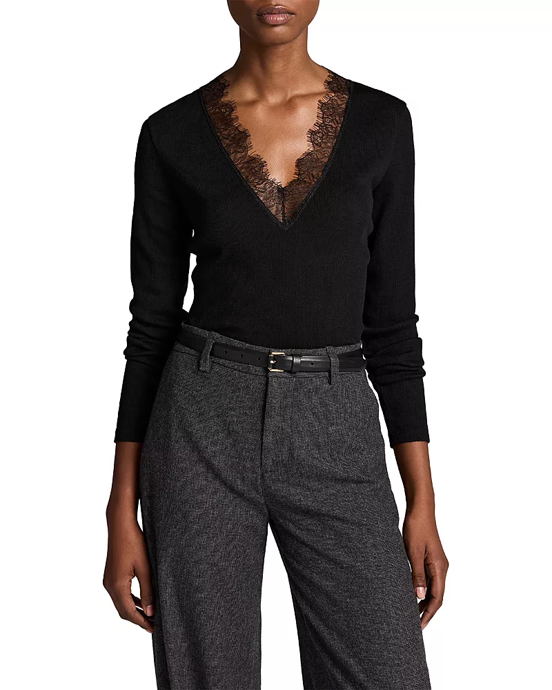 Vince Lace Trim Long Sleeve V Neck Top
