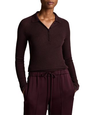 Wool Silk Ribbed Raglan Polo Top