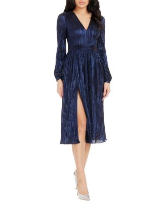 Holly Long Sleeve V-Neck Metallic Pleated Midi Dress