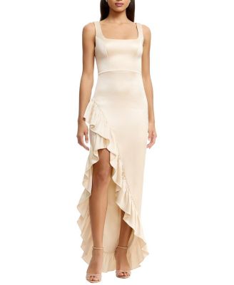 Dress The Population Charlene Square Neck Satin Cascade Ruffle Gown In Champagne