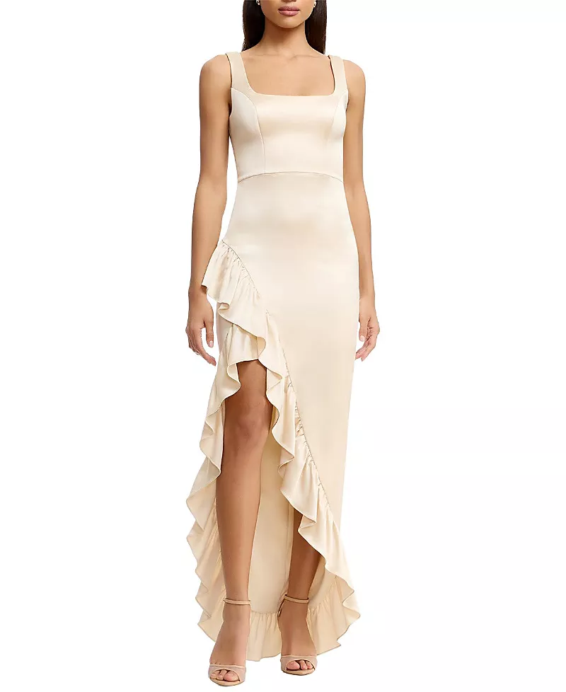 Dress the Population Charlene Square Neck Satin Cascade Ruffle Gown