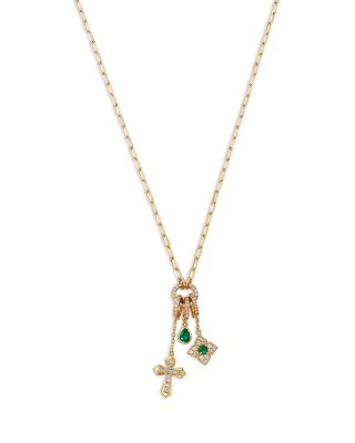 Diamond & Emerald Charm Trio Necklace in 14K Yellow Gold, 18"