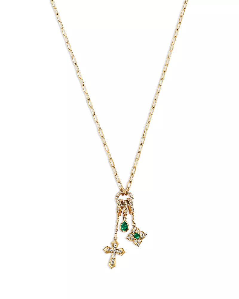 Bloomingdale's Fine Collection Diamond & Emerald Charm Trio Necklace in 14K Yellow Gold, 18