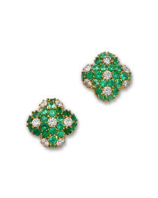 Diamond & Emerald Pave Clover Stud Earrings in 14K Yellow Gold