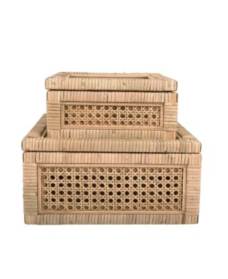 Woven Wood and Rattan Display Boxes with Glass Lids, Set of 2
