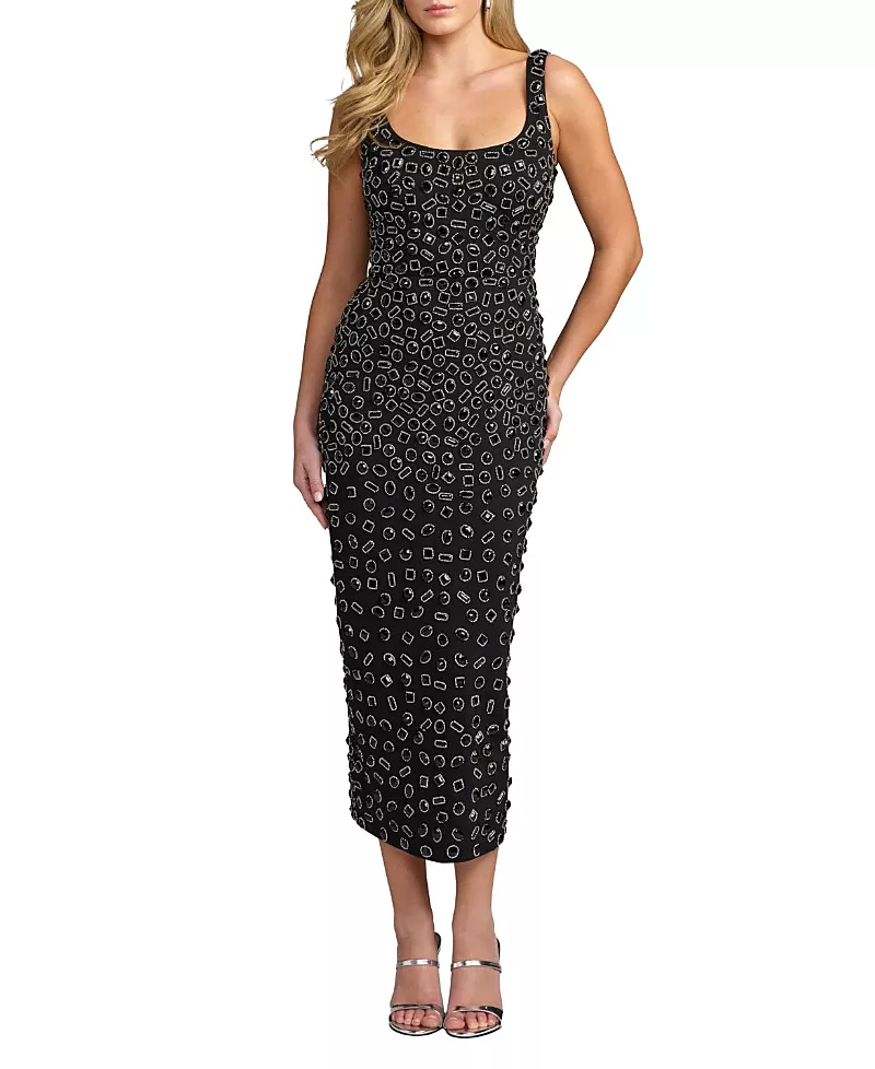 Mac Duggal Scoop Neck Beaded Scuba Midi Dress