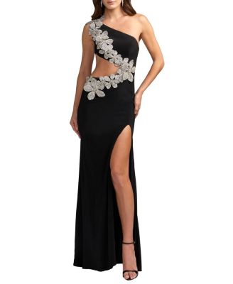  One Shoulder Jersey Gown With Floral Detail
