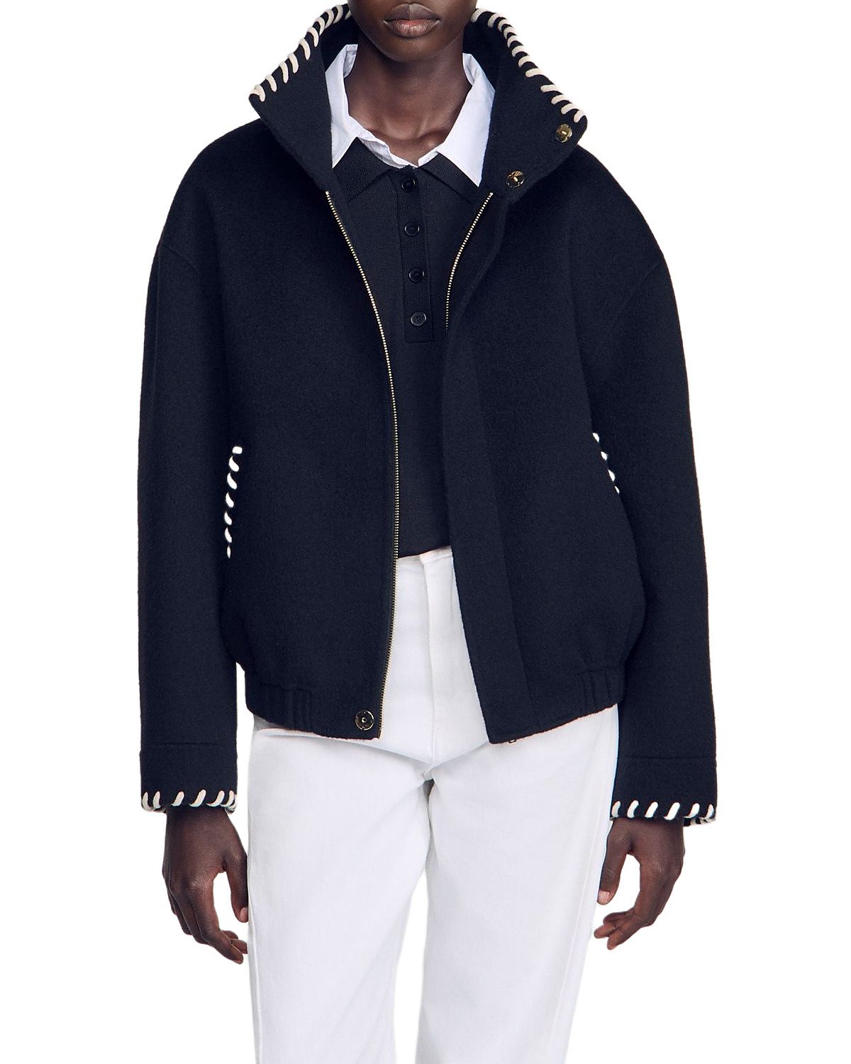 Sandro Lilian Wool Whipstitch Trim Jacket