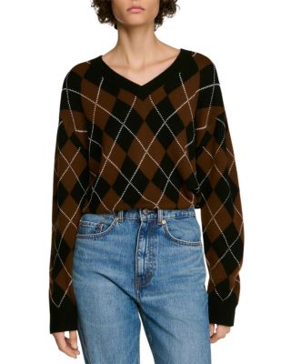 Wade Wool & Cashmere Rhinestone Argyle V Neck Sweater 