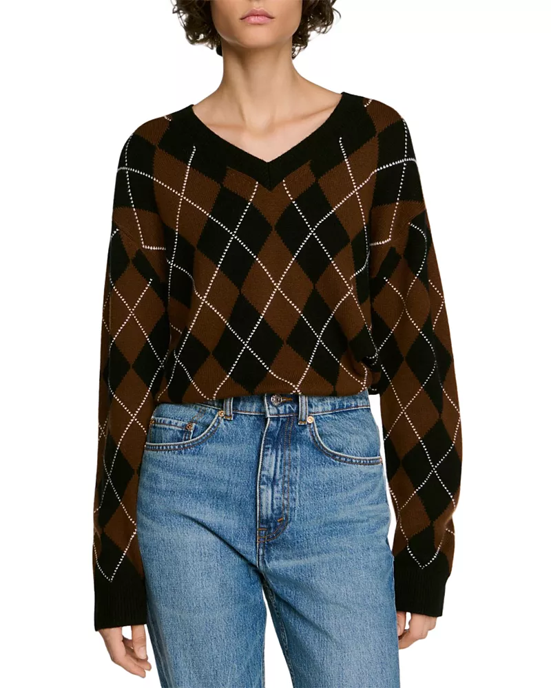 Sandro Wade Wool & Cashmere Rhinestone Argyle V Neck Sweater