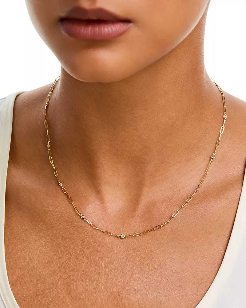 Bloomingdale's Fine Collection Diamond Station Paperclip Chain Necklace in 14K Yellow Gold, 0.50 tcw