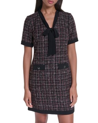 Tweed Tie Neck Short Sleeve Shift Dress