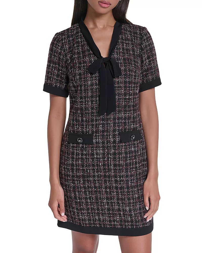 Karl Lagerfeld Paris Tweed Tie Neck Short Sleeve Shift Dress