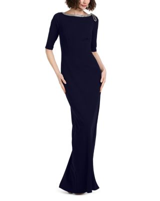 Emily Shalant Stretch Crepe Elbow Sleeve Embellished Gown In Navy