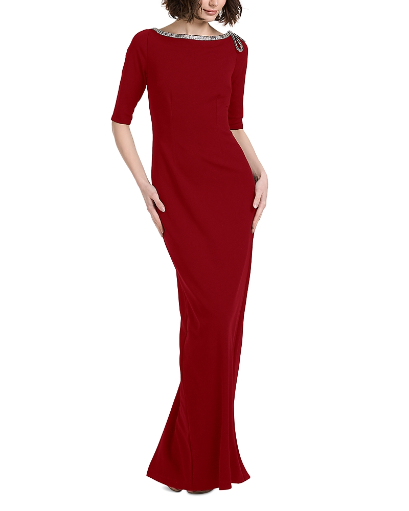 Emily Shalant Stretch Crepe Elbow Sleeve Embellished Gown In Red