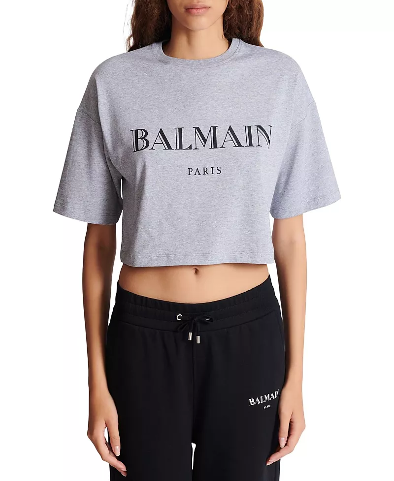 Balmain Boxy Cropped T-Shirt with Balmain Print
