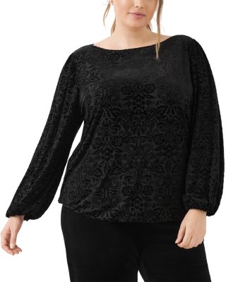 Plus Size Velvet Burnout Boat Neck Blouson Sleeve Top