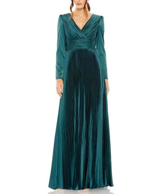 Pleated Long Sleeve A-Line Gown