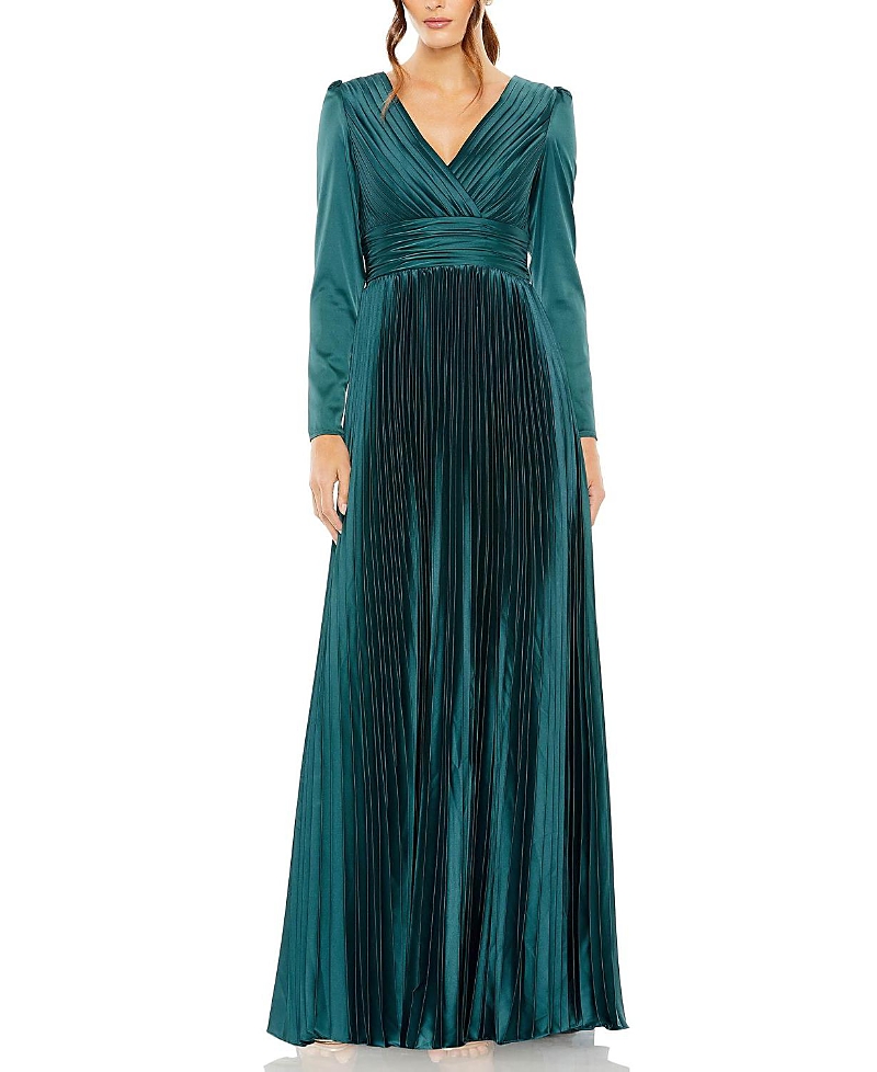 Mac Duggal Pleated Long Sleeve A-Line Gown