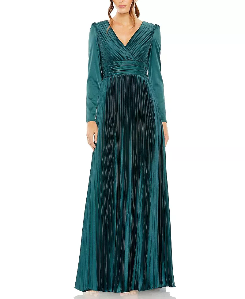 Mac Duggal Pleated Long Sleeve A-Line Gown
