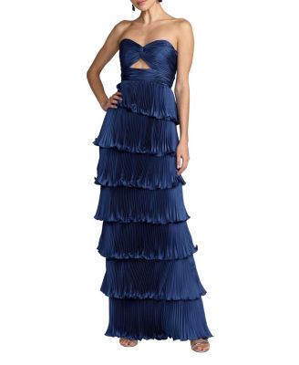  Pleated Charmeuse Strapless Tiered Ruffle Gown