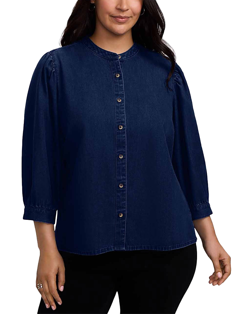 Foxcroft Plus Helsa Three Quarter Sleeve Chambray Shirt In Dark Wash