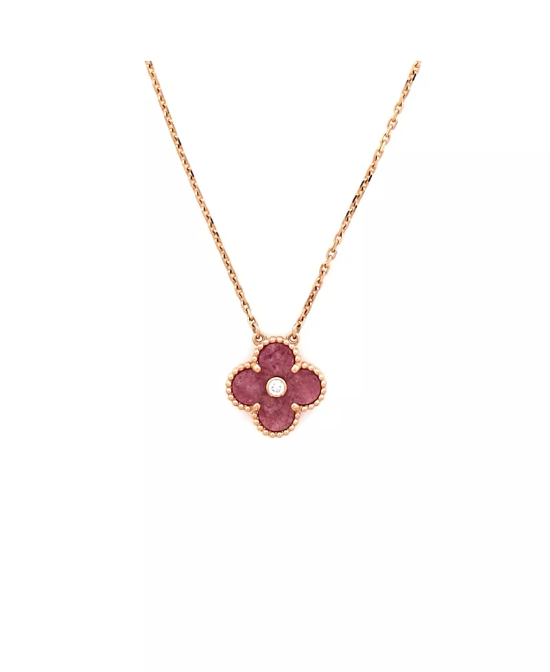 Pre-Owned Van Cleef & Arpels Vintage Alhambra Pendant Necklace 18K Rose Gold and Rhodonite with Diamond, 16.5