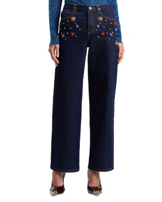 Rhinestone Embellished HighRise Wide Leg Jeans in Multi Gem/Dark Rinse