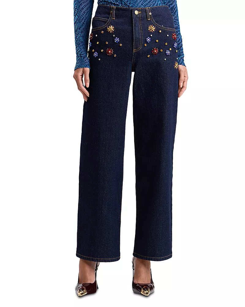 Avec Les Filles Rhinestone Embellished HighRise Wide Leg Jeans in Multi Gem/Dark Rinse