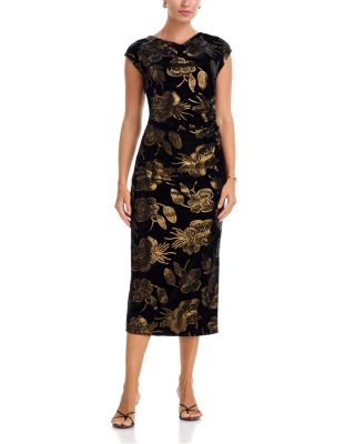 Cowl Neck Draped Sequin Midi Dress