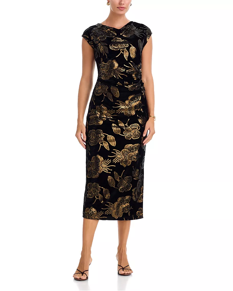 T Tahari Cowl Neck Draped Sequin Midi Dress
