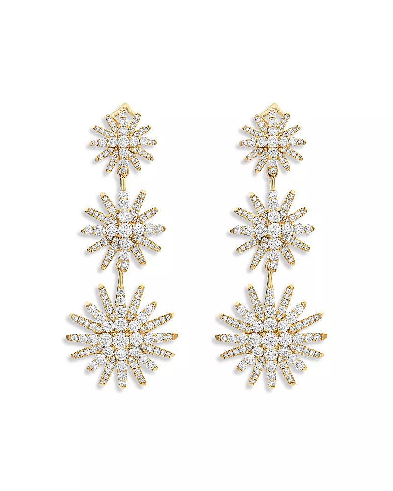 Starburst Triple Drop Earrings in 18K Yellow Gold with Diamonds, 51mm