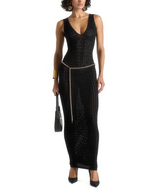 Myriam Pointelle Plunge Maxi Dress with Chain