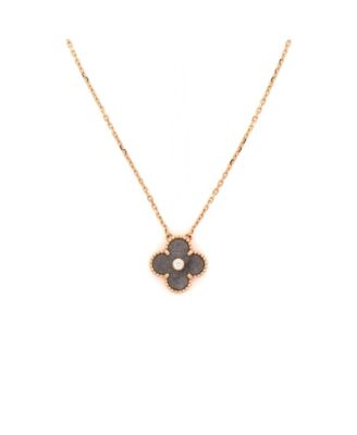 Vintage Alhambra Pendant Necklace 18K Rose Gold and Silver Obsidian with Diamond, 16.5"