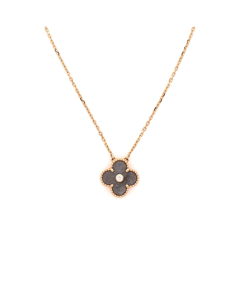 Pre-Owned Van Cleef & Arpels Vintage Alhambra Pendant Necklace 18K Rose Gold and Silver Obsidian with Diamond, 16.5