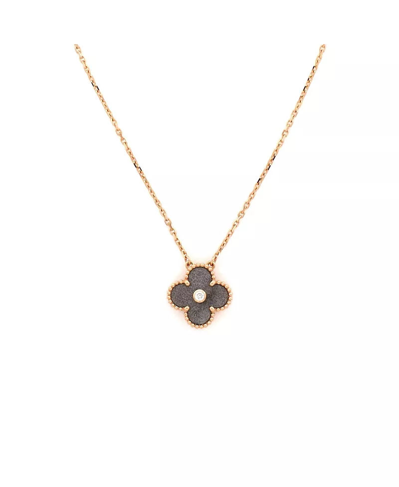 Pre-Owned Van Cleef & Arpels Vintage Alhambra Pendant Necklace 18K Rose Gold and Silver Obsidian with Diamond, 16.5