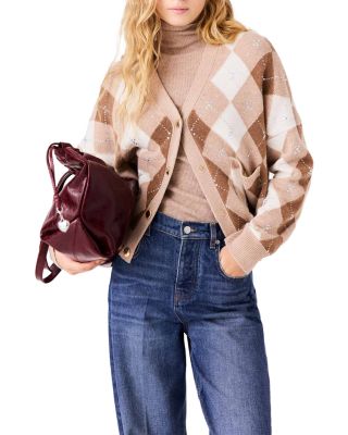 Wool Rhinestone Argyle Cardigan Sweater 