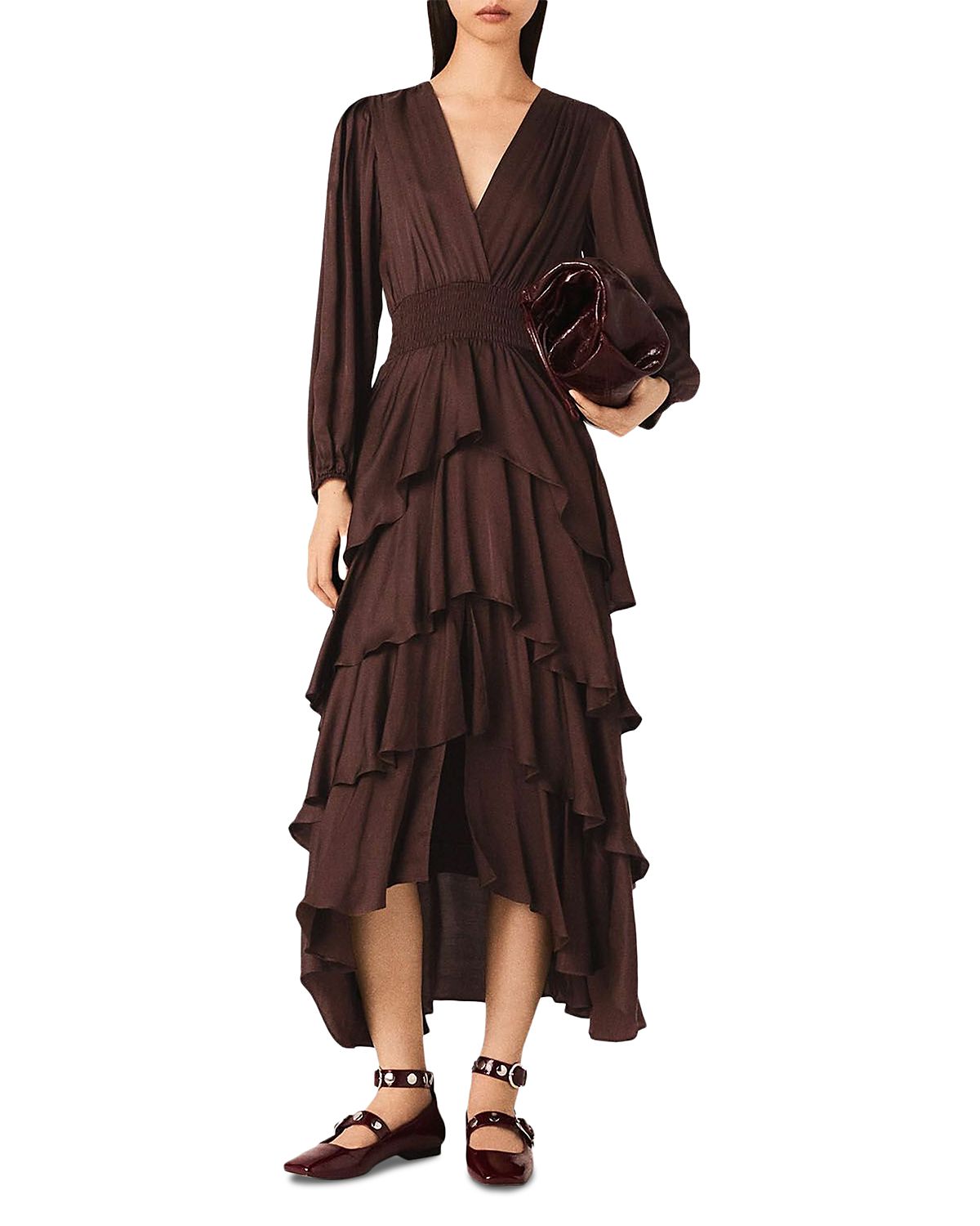 Maje Ruffinello Ruffled Satin High Low Dress