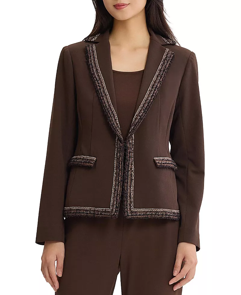 Ming Wang Plus Size Stretch Deco Crepe Knit Trim Jacket