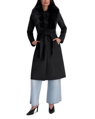 Faux Fur Collar Faux Suede Trench Coat
