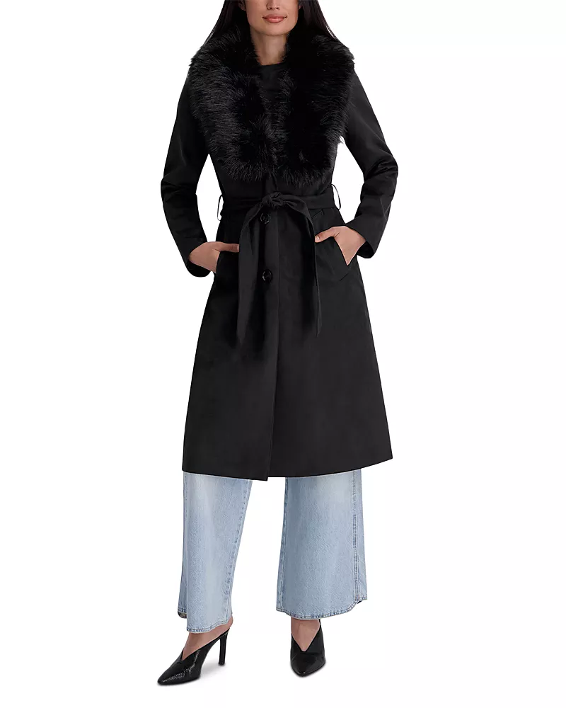 Kenneth Cole Faux Fur Collar Faux Suede Trench Coat